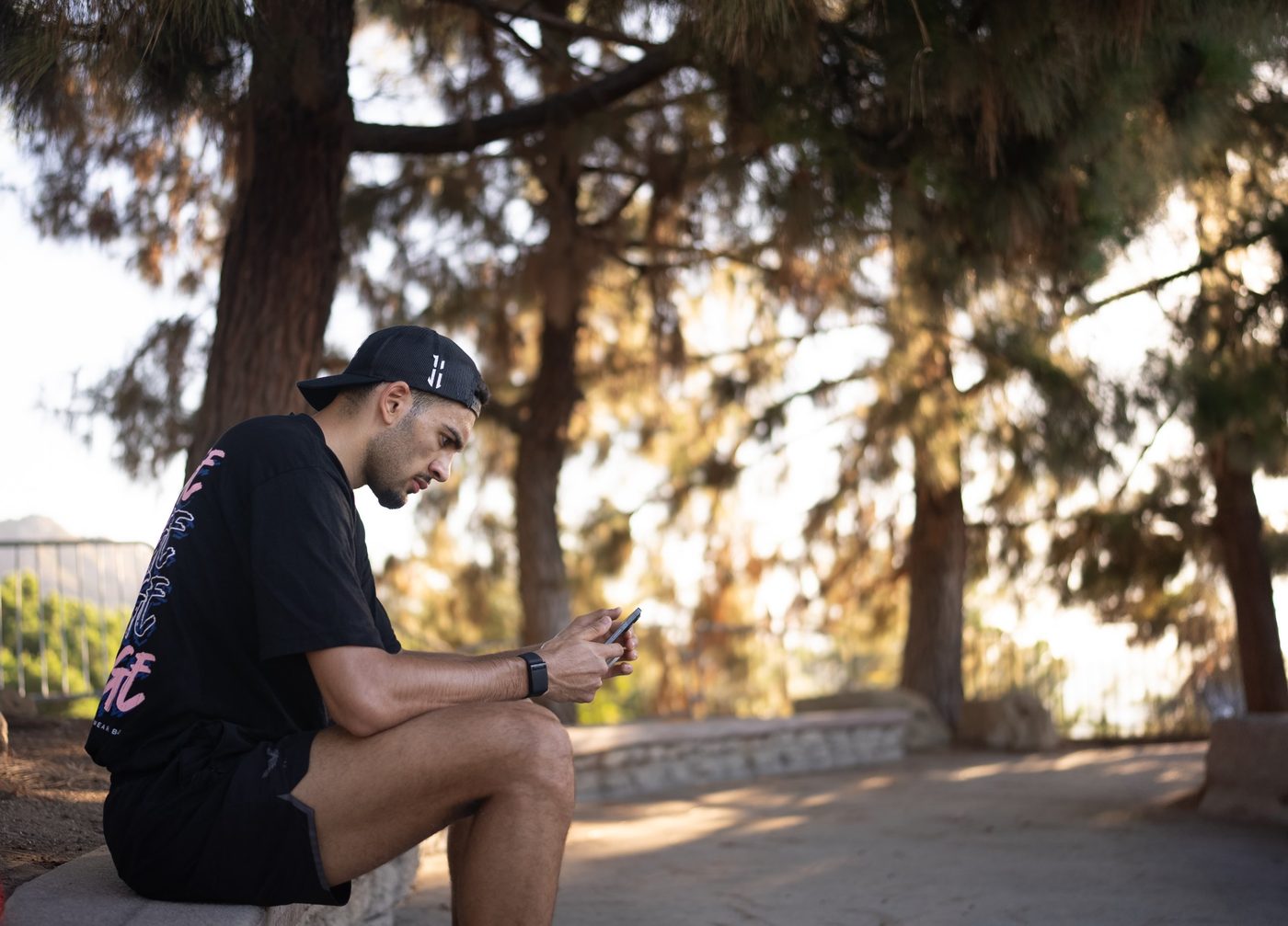 Hamzah Sheeraz sitting on a wall checking his phone under pine trees